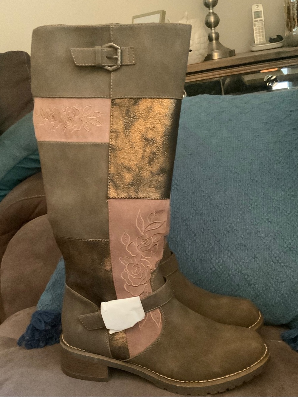 Patrizia by Spring Step Patchwork Floral Knee Boot in Brown and Pink